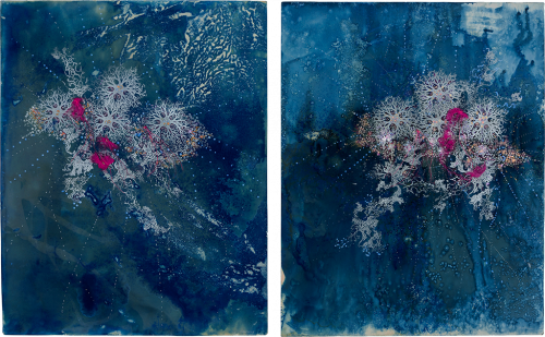 Tidal Glitter Diptych / Cyanotype, ink, and embroidery on paper, 24 x 19 in. each, 2021 by Ann Holsberry